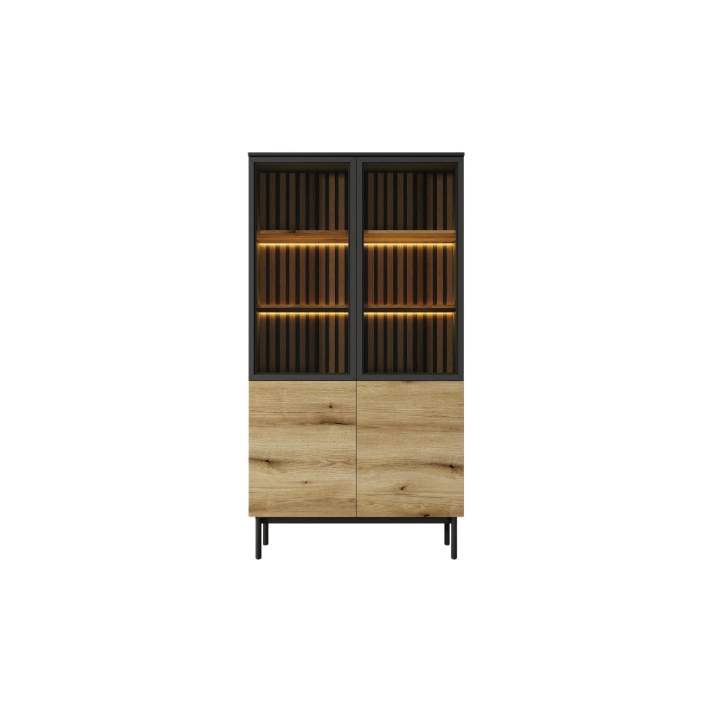 Modern Wooden Display Cabinet with LED Lighting and Glass Doors