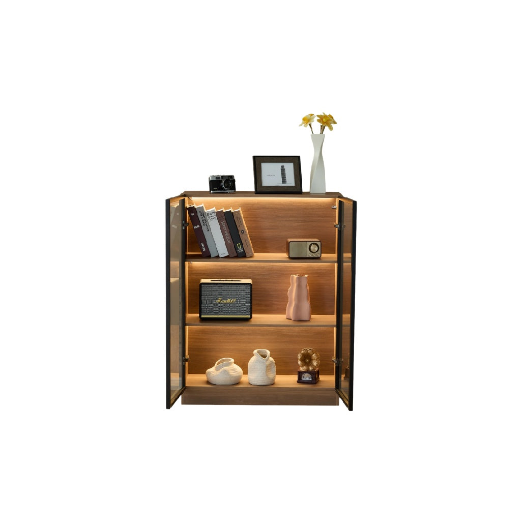 Modern Glass Display Cabinet with LED Lighting and Wooden Finish